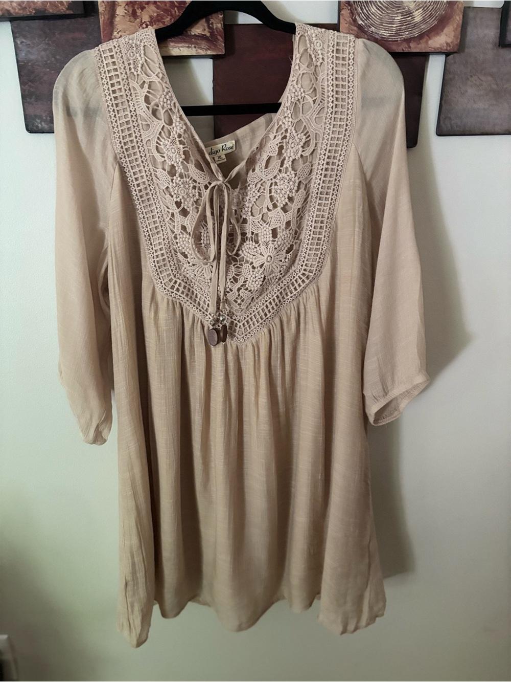 Indigo Beige Crochet Yoke Peasant Tunic